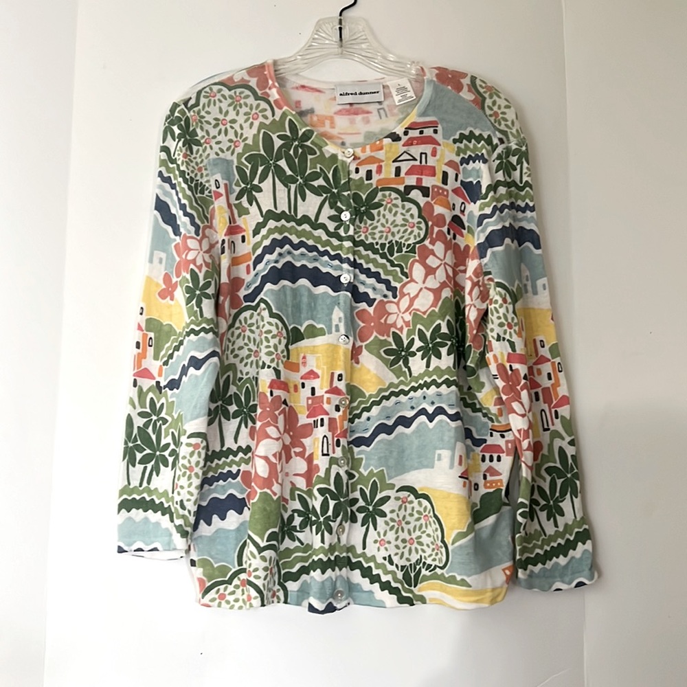 Alfred Dunner Sweater Cardigan Women’s Large Pastel Palm Tree Villa Artsy